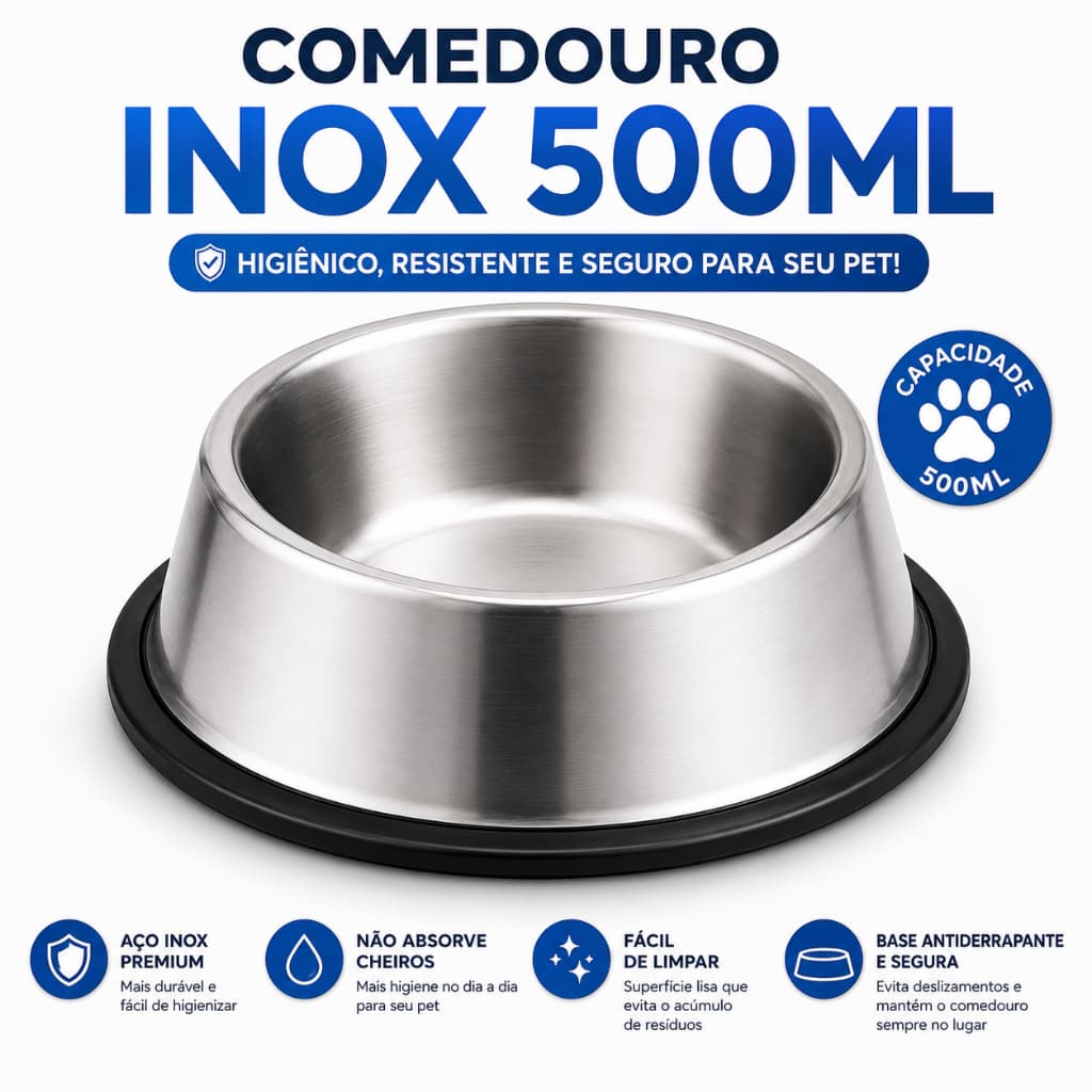 Comedouro pet antiderrapante inox 500ml cachorro e gato água e comida I não enferruja é fácil de limpar. tigela pet