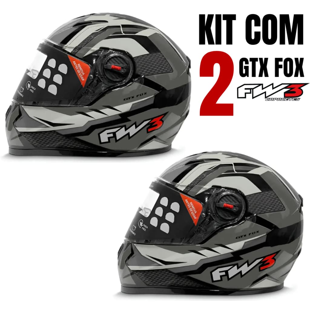 Kit com 2 Capacete FW3 GTX Fox Grafite Fechado Com Óculos Solar + Narigueira Alta
