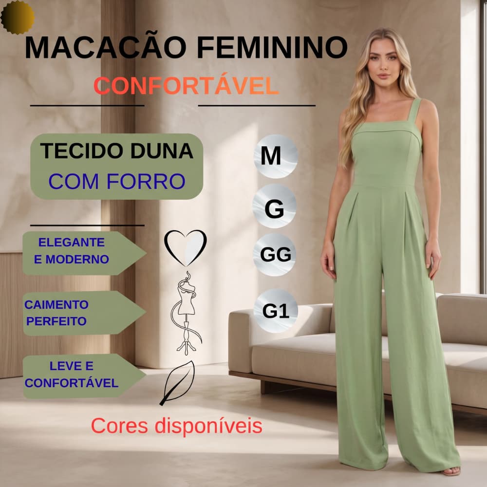 Macacão Feminino Pantalona Longo Tecido Duna Com Bojo Lastex Luxo Elegante  Não Amassa