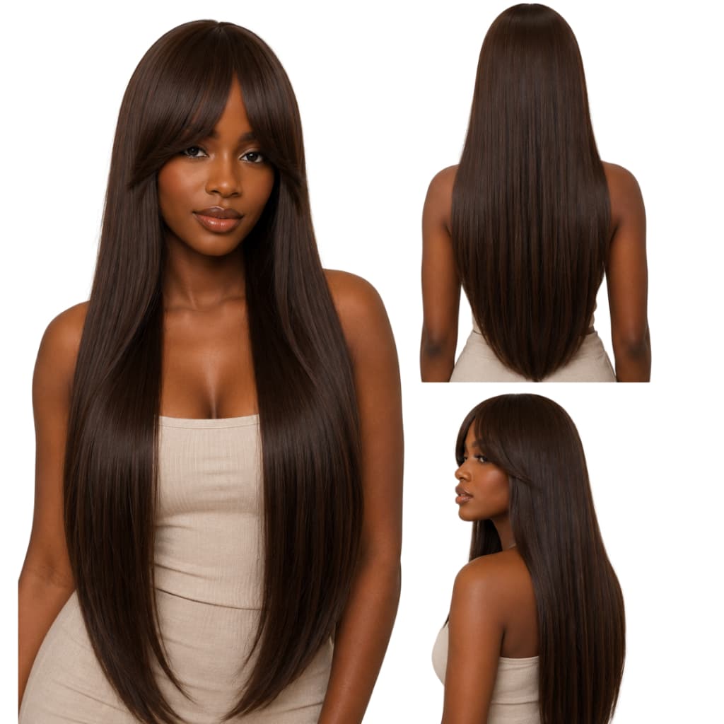 Peruca Lisa c/ Franja Castanho Médio Cabelo Orgânico 65cm