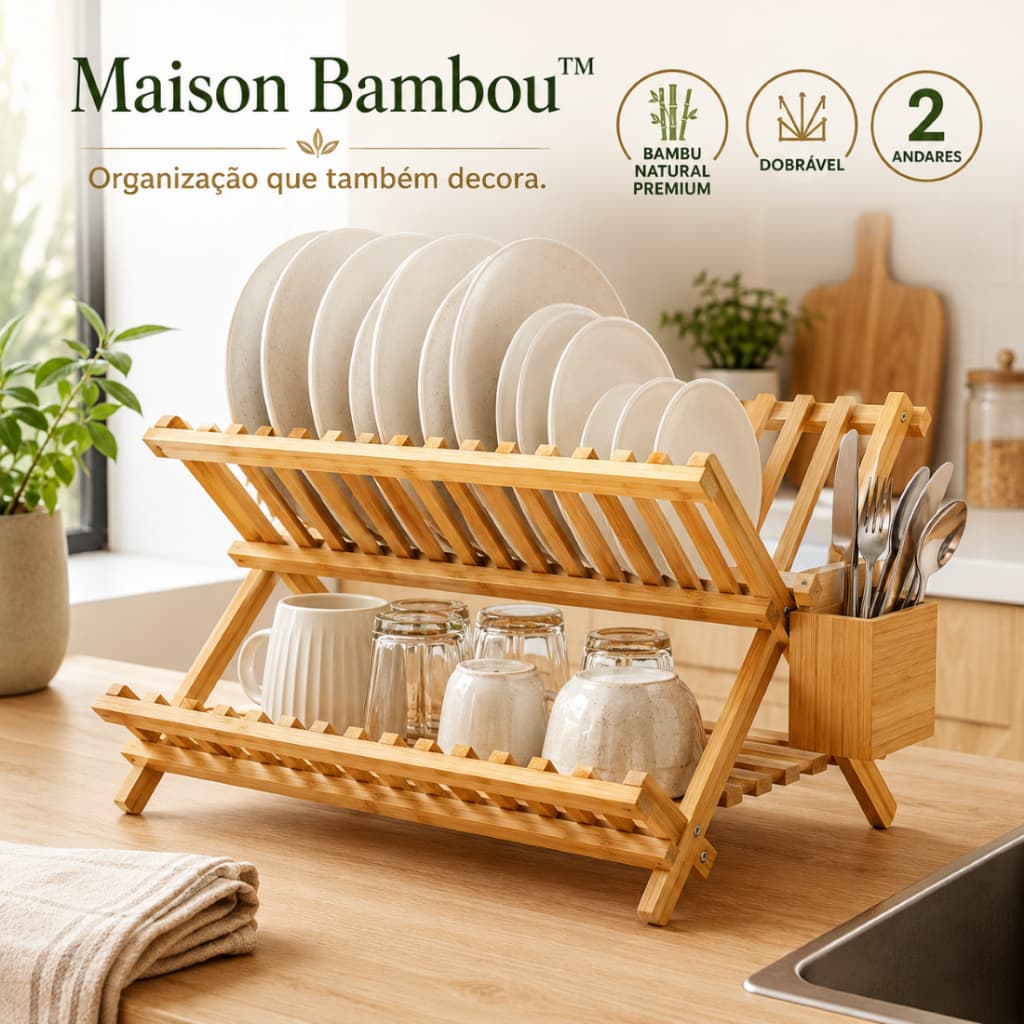 Escorredor de Louças Dobrável 2 Andares em Bambu Natural Organizador de Cozinha Premium Maison Bambou