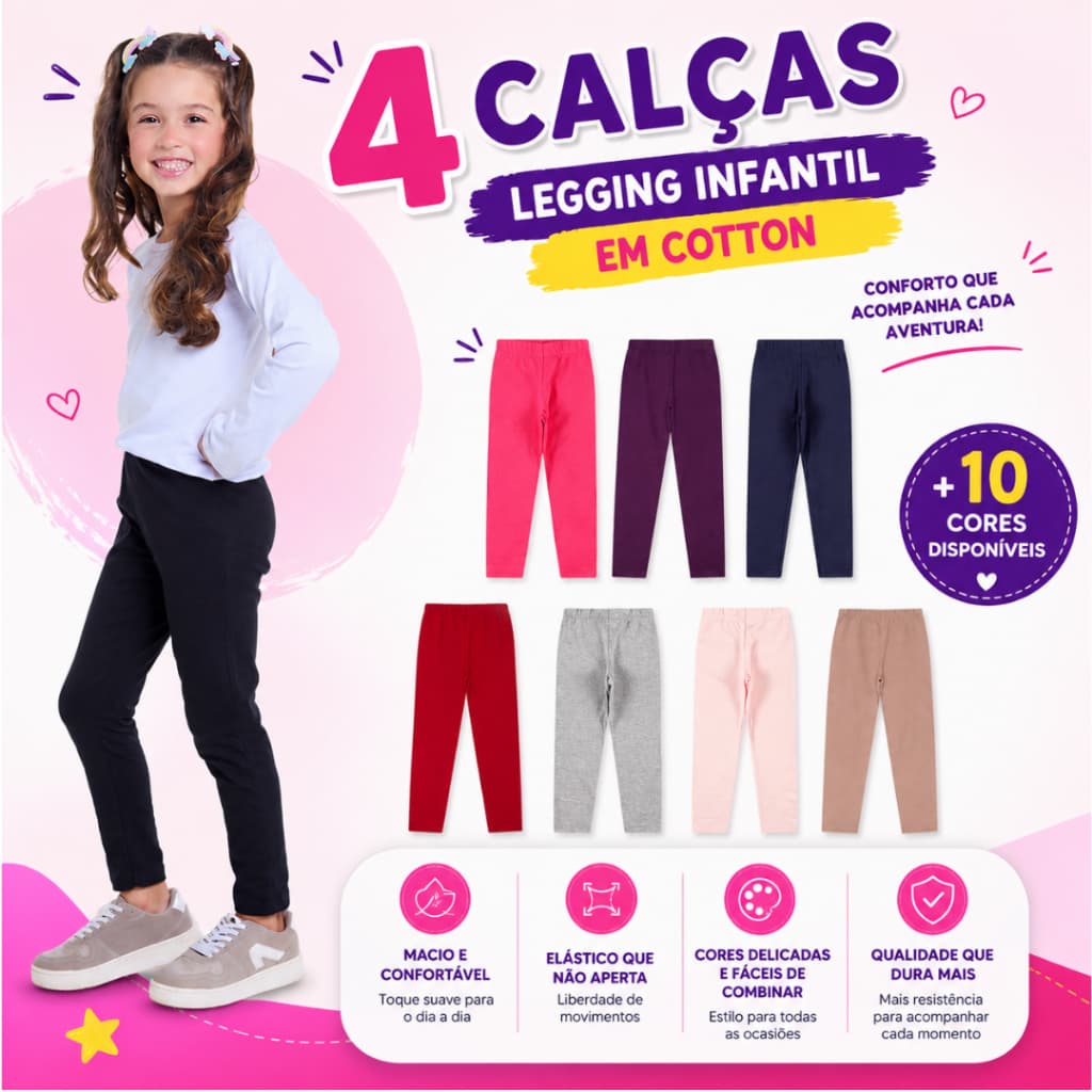Kit Sortido 4 Calças Legging Infantil Menina Lisas 2 ao 16 anos