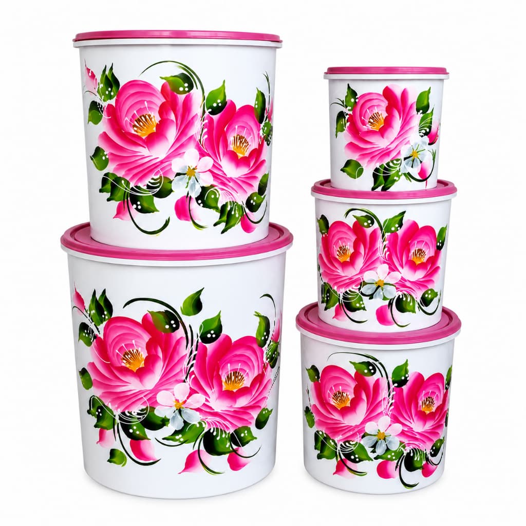 Jogo 5 Potes Mantimentos Floral Porta Alimentos Plástico Organizador Cozinha Kit Completo