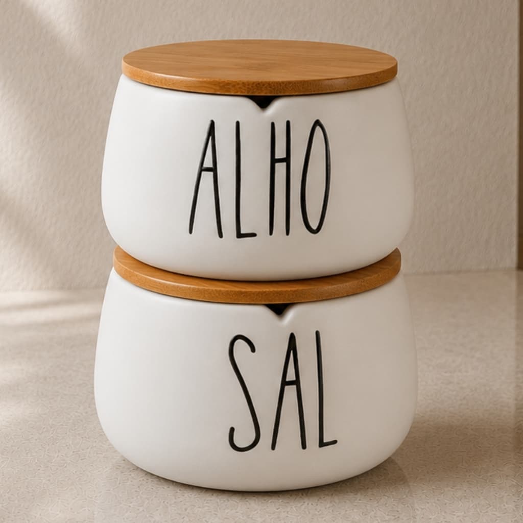 Kit 2 Potes Hermético Cozinha Alho e Sal Porta Tempero Saleiro Cerâmica Tampa de Bambu Branco 600ml