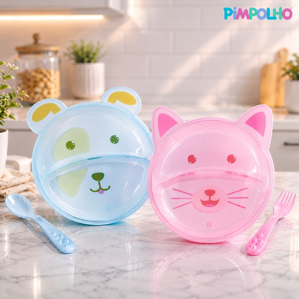 Prato Bebê com Divisória Pimpolho Kit Alimentação Infantil com Talher Bichinho