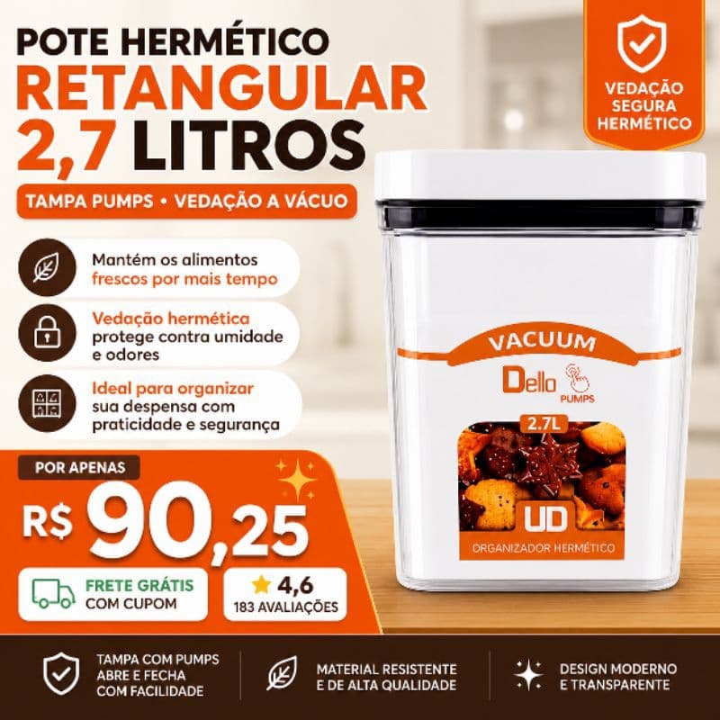 Pote Hermetico Retangular 2.7 Litros Tampa Pumps Vedacao Seguranca Armazenamento #geladeiraorganizada #saudavel