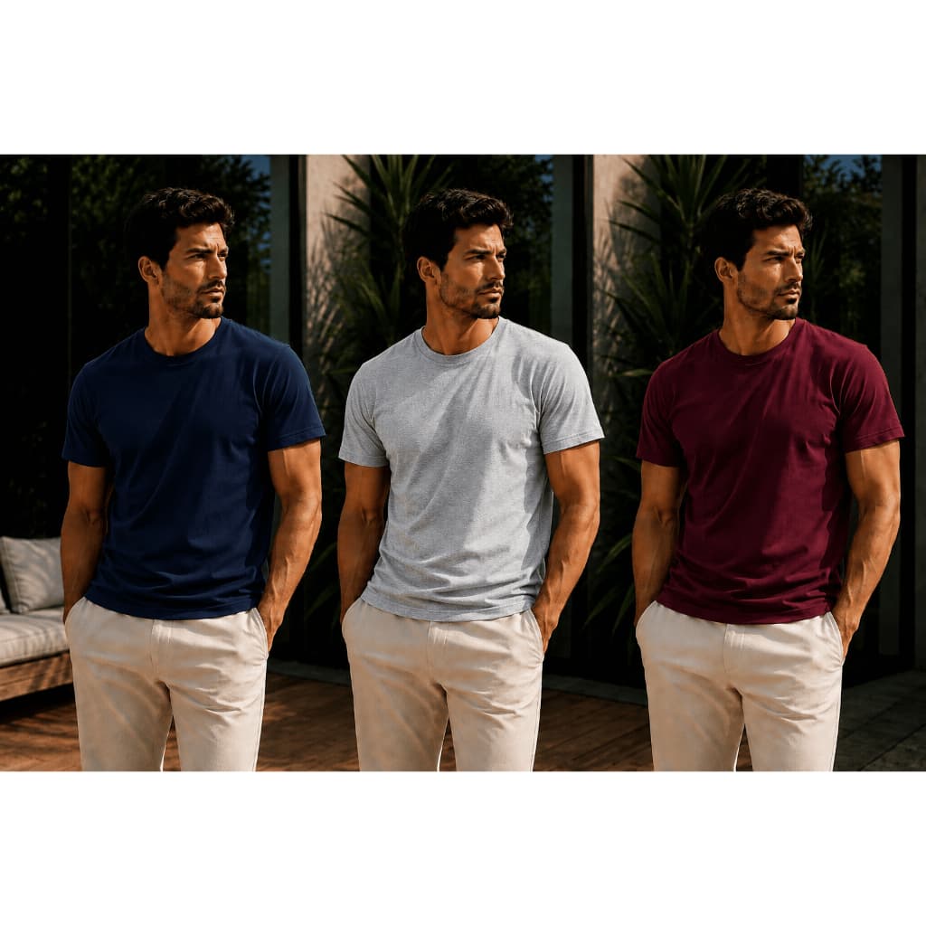 Kit 3 Camisetas Masculina Básica Lisa Algodão Premium Casual Confortável Azul Marinho Cinza Bordô