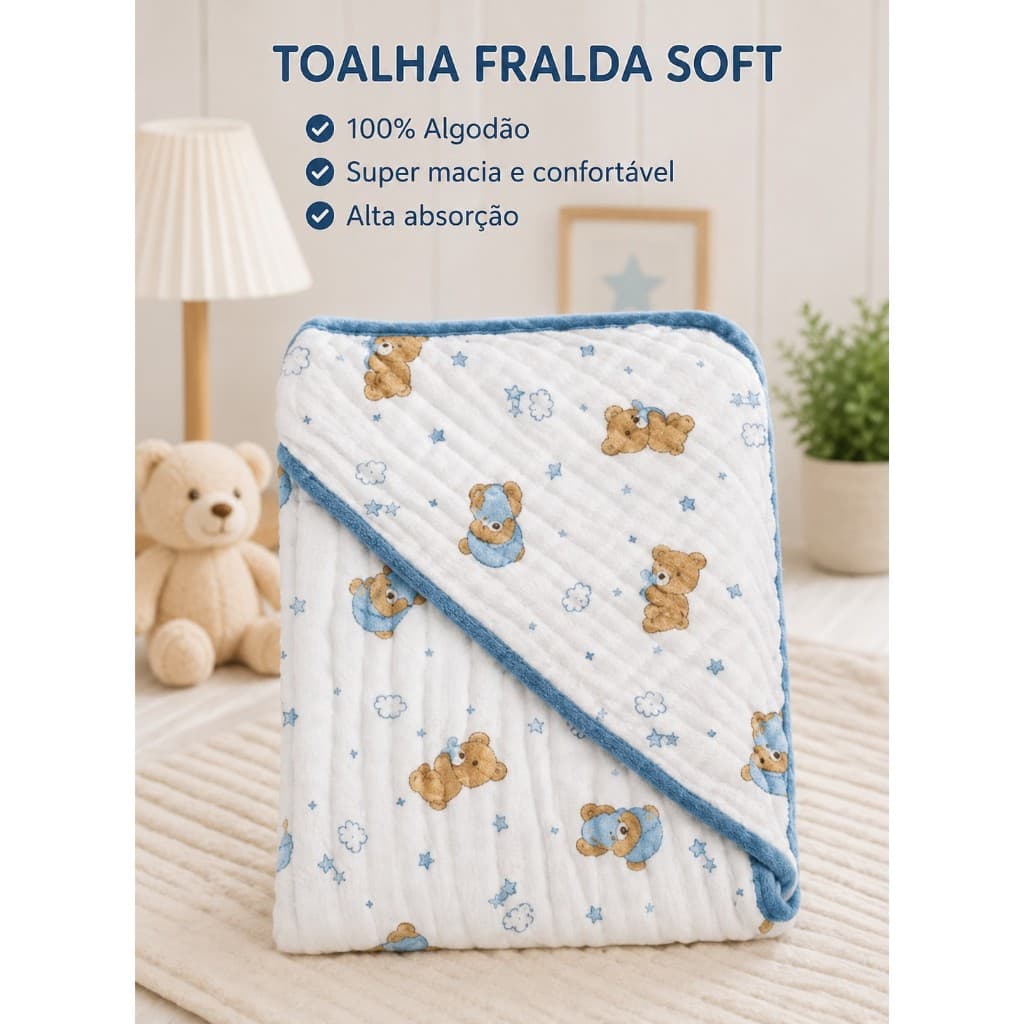 Toalha Fralda  SOFT  70 cm x 70 cm Bebê Estampada Ursinho  100% Algodão Macia Banho Enxoval Infantil