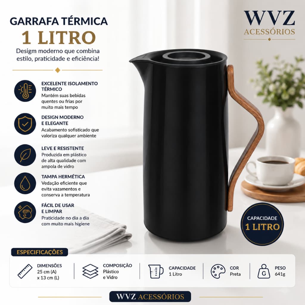 Garrafa Térmica Kyoto 1 Litro Ampola de Vidro Cabo Bambu Café Chá Branca Preta Cinza
