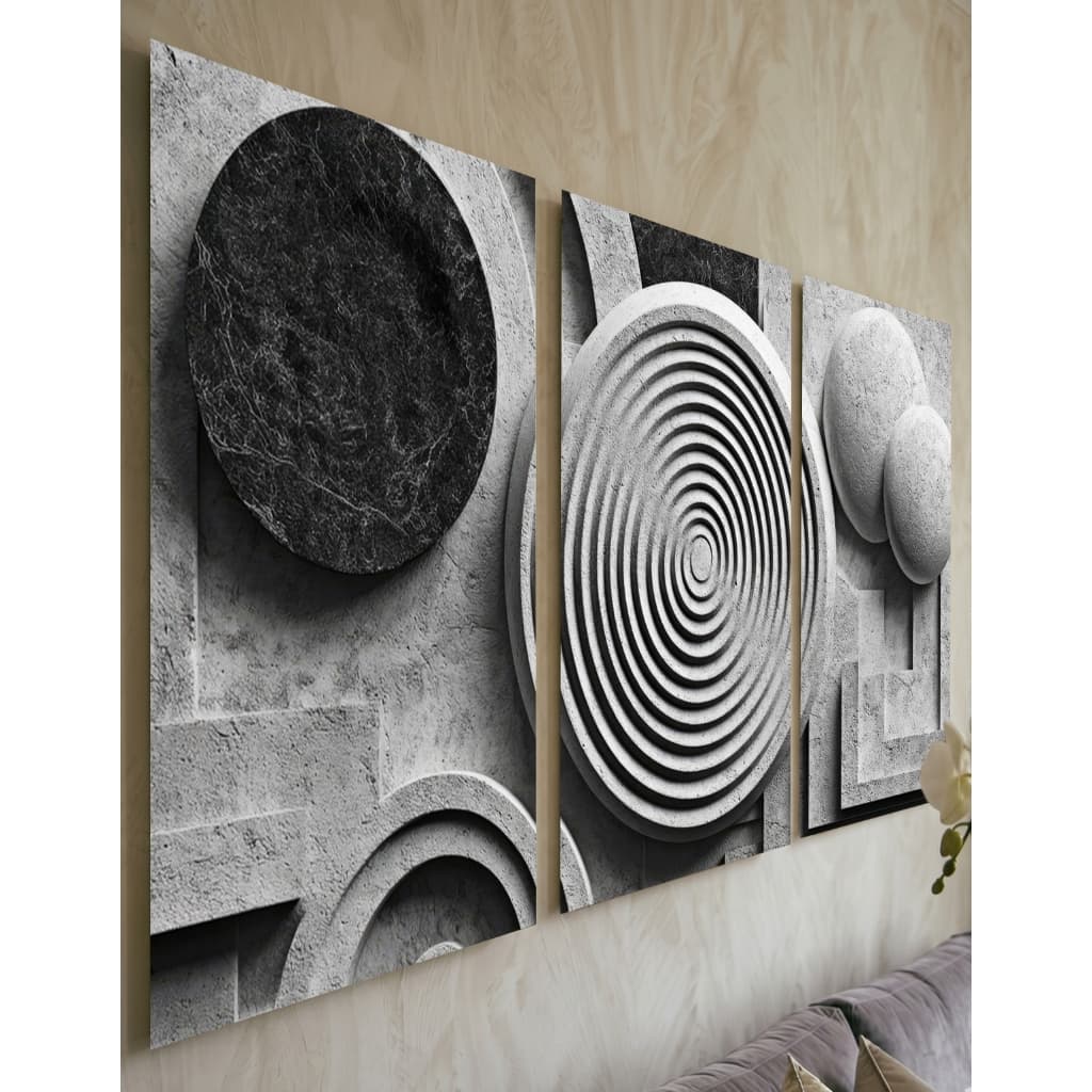 Quadro Decorativo 3 Peças Textura 3D Círculos Cinza Minimalista Sala Estar Quarto Escritório