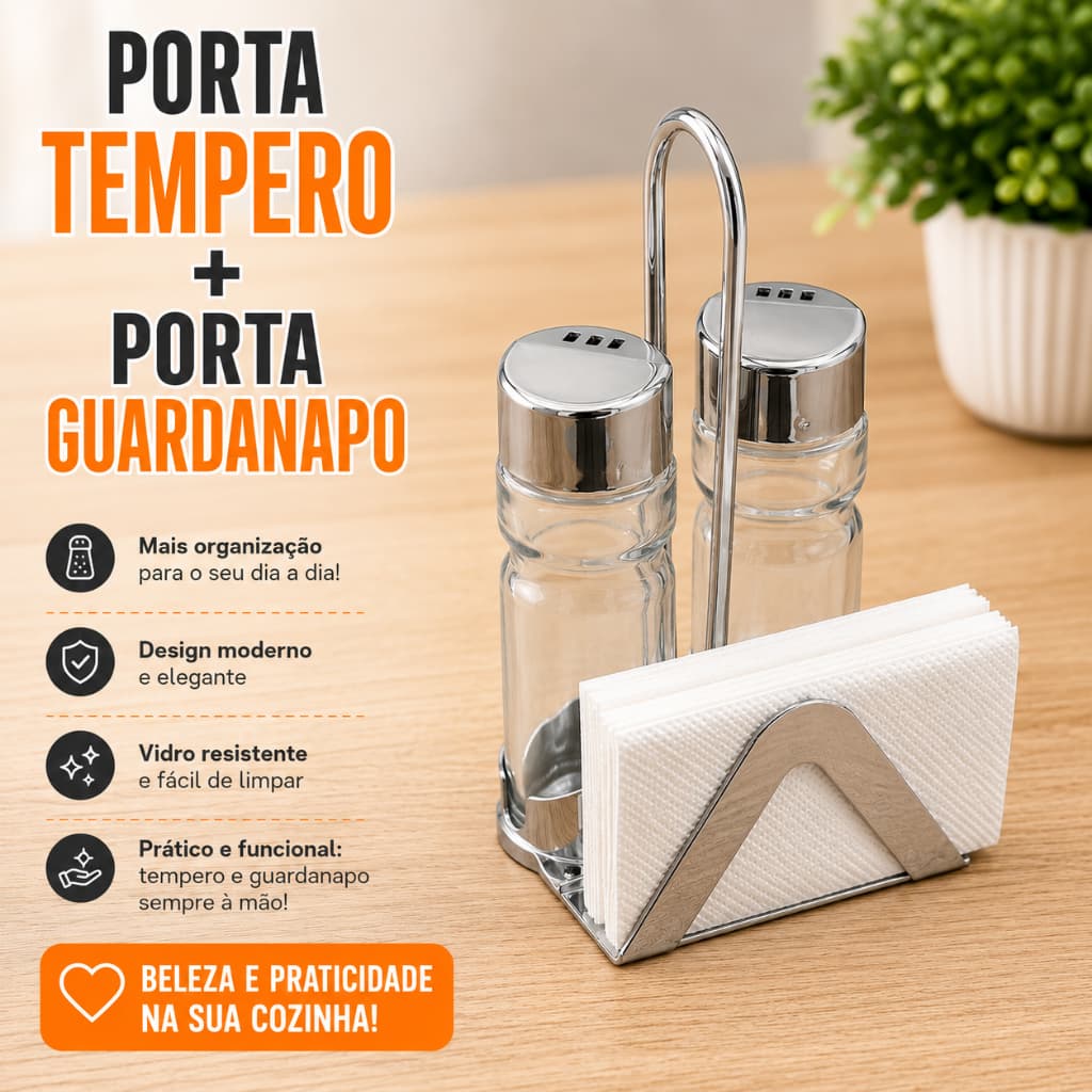 Porta Tempero de Vidro com Porta Guardanapo