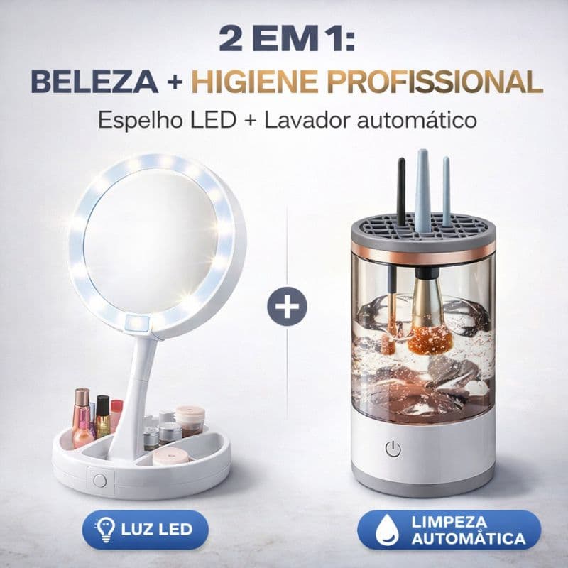 Kit para Maquiagem - Espelho Camarim com Iluminação LED + Lavador de Pincéis Automático