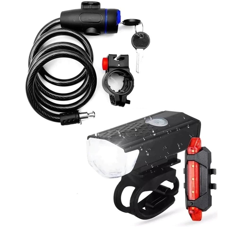 Kit Acessórios Bike Trava Cabo De Aço Cadeado Segurança Moto + Farol Bike Luz Led Usb Ciclismo