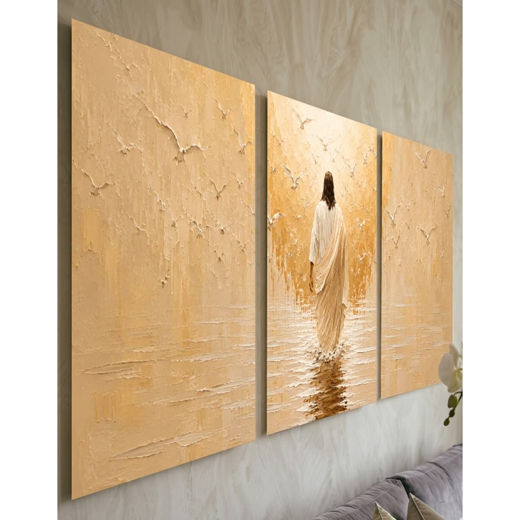 Conjunto 3 Telas Decorativas Luxo Efeito Pintura Jesus Cristo Água Dourado Moderno Sala Estar Quarto