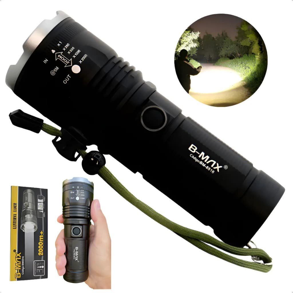 Lanterna Tática LED Recarregável B-MAX BM-8516 2000m Zoom Ajustável Alta Potência Camping Trilha Caça Pesca Segurança