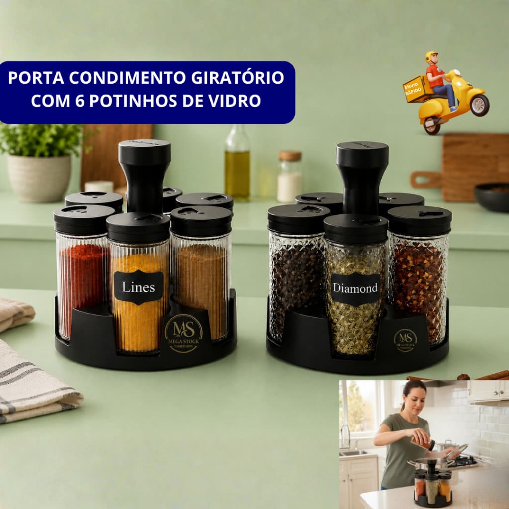 Porta Tempero e Condimento De Vidro e Moderno Giratório Com 6 Pote de Vidro 85ml Para Cozinha