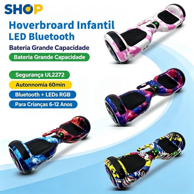 Hoverboard Elétrico Infantil 6,5 Polegadas, com LED, Bluetooth, Bateria de Grande Capacidade e Longa Autonomia - P10