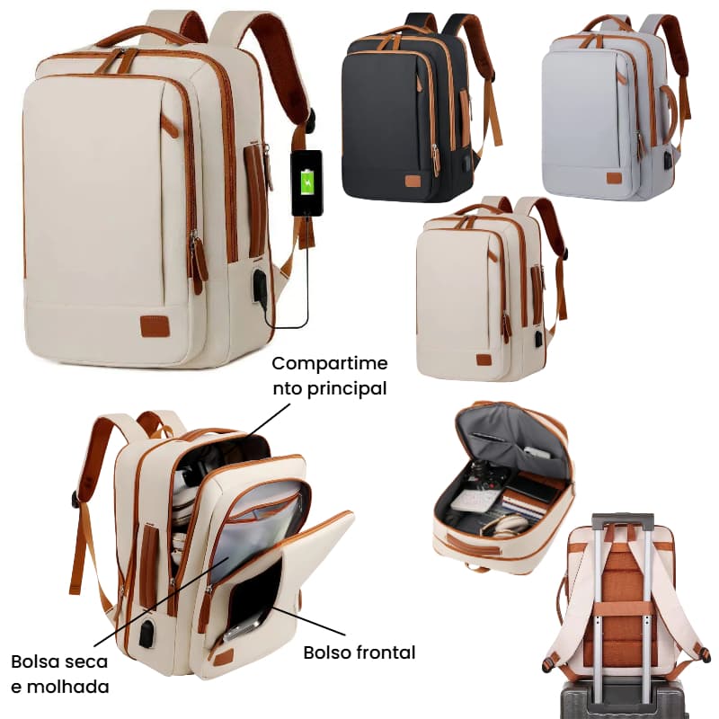 Mochila Unissex Multifuncional Expansível Impermeável Grande Capacidade com Porta USB e Alças Ajustáveis Reforçada