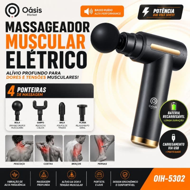 Massageador Muscular Elétrico Oásis Recarregável 4 Ponteiras de Massagem Profissional OIH-5302