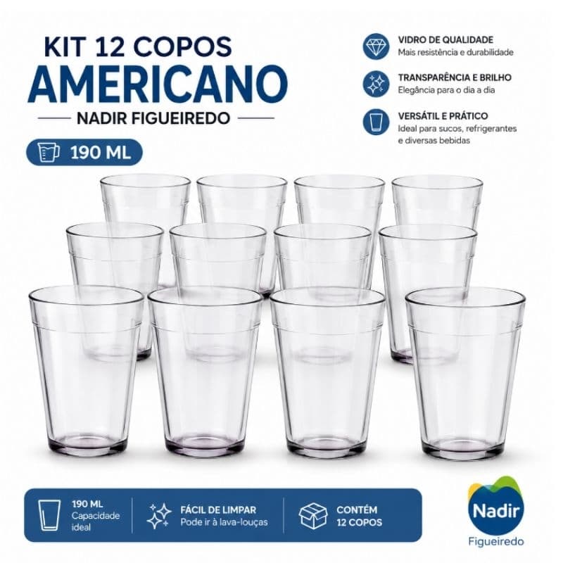 kit 12 Copo Vidro Americano 190 ML Nadir Figueiredo