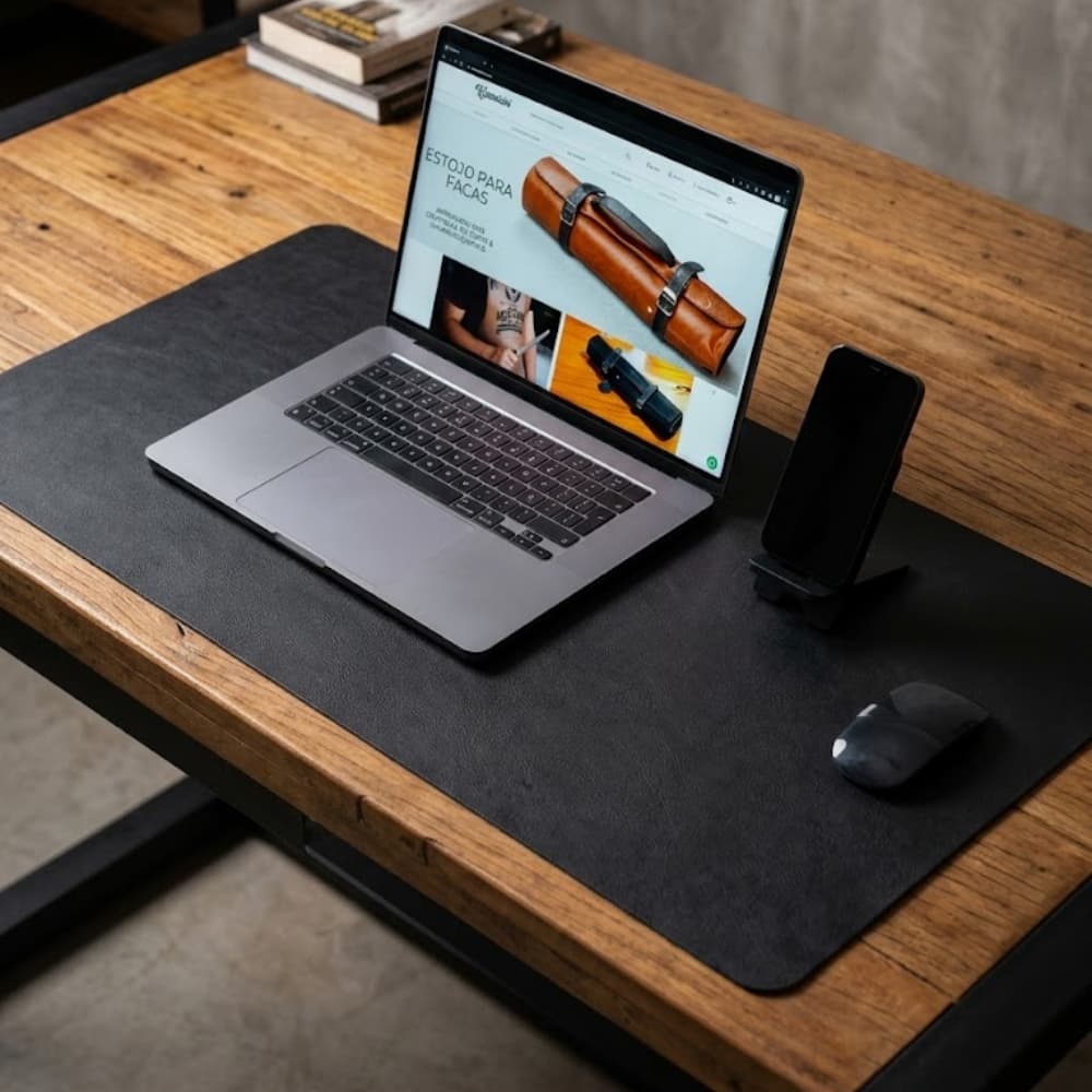 Mousepad Couro Legítimo Preto Deskpad Grande 70x38cm Brinde Luxo