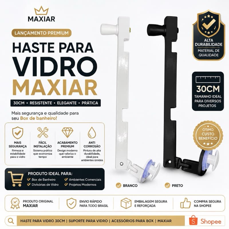 Braço fecho Haste para vidro Maxiar em alumínio maciço podendo ser Branco ou Preto com suporte para fechamento Alvenaria