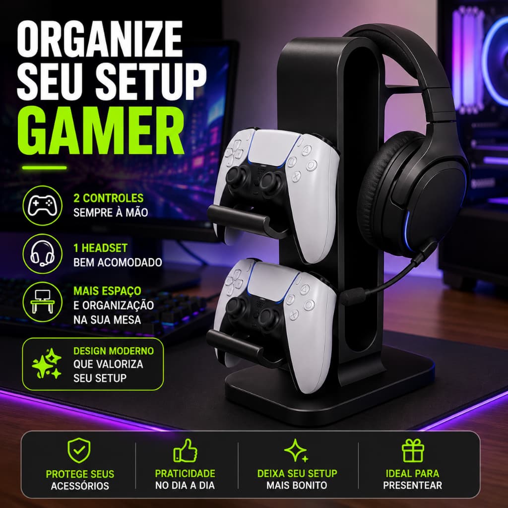 Suporte Gamer Para 2 Controles E 1 Headset Organizador De Mesa Compatível PS5 Xbox Switch