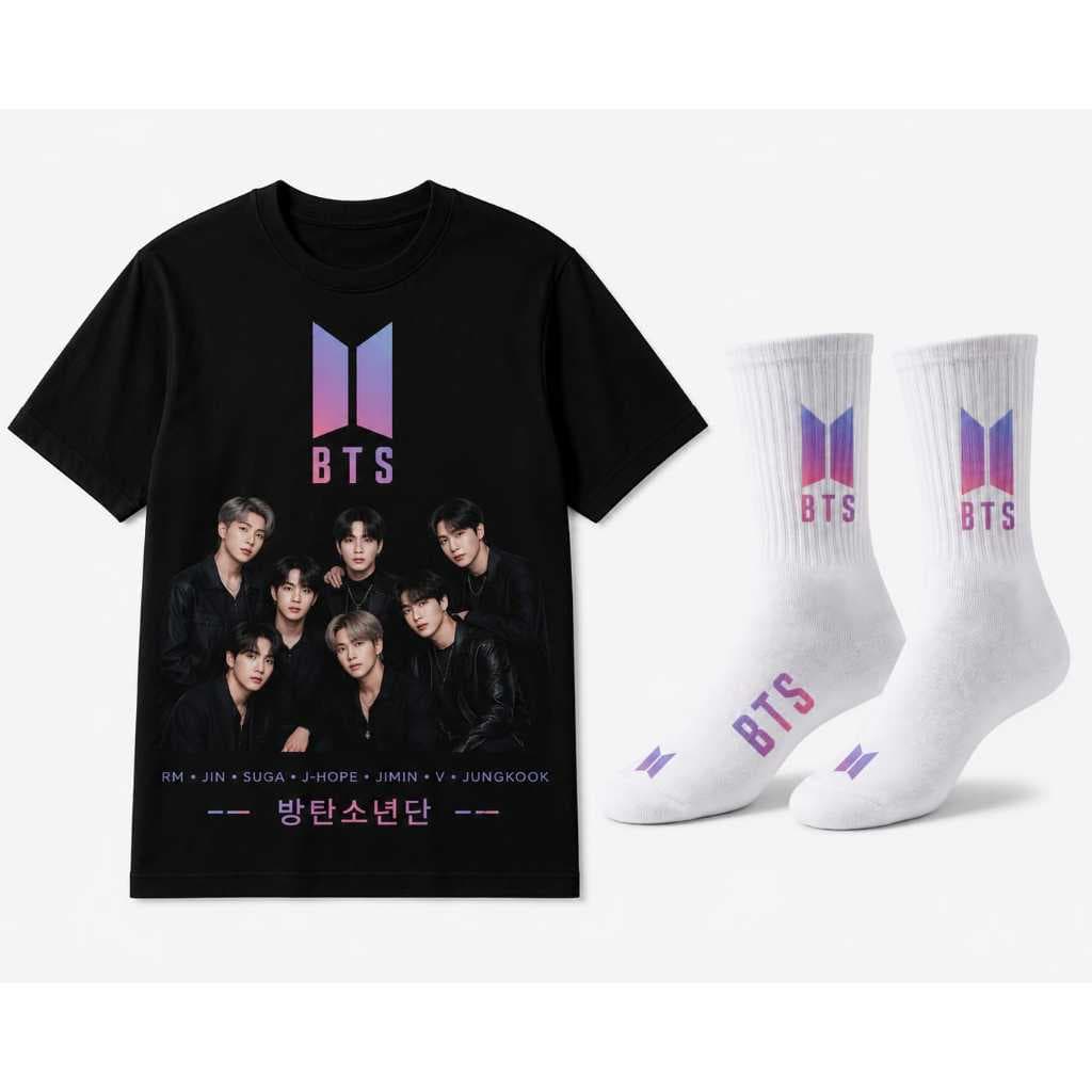 Kit Camiseta Premium Algodão + Meia Inspirada em K-pop Unissex Presente para Fãs Estampa Exclusiva