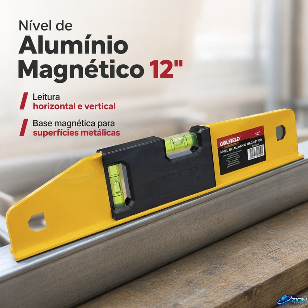 Nível de Alumínio Magnético 12 Polegadas 30cm com 2 Bolhas para Nível Horizontal e Vertical em Obras