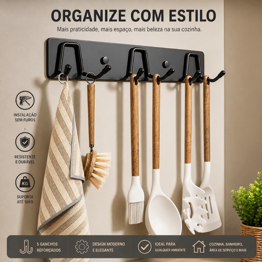 Suporte Organizador de Parede com 6 Ganchos Autoadesivo Porta Utensílios Cozinha Banheiro Lavanderia Sem Furos