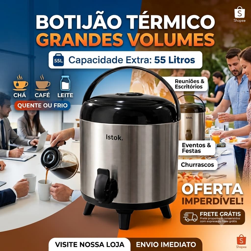 Garrafa Botijão Térmico Inox Capacidade 5,5 e 9,5Litros Café Leite Chá Sucos Bebidas Quentes Frias