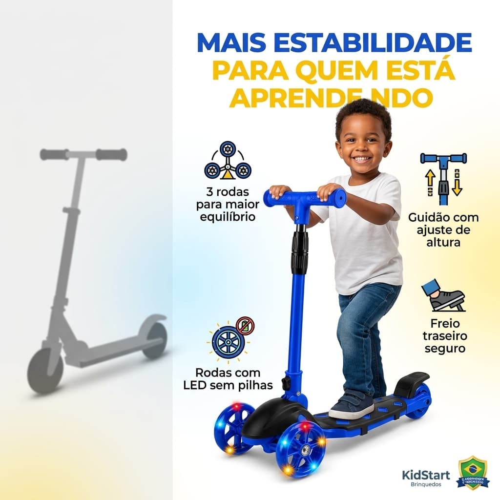 Patinete Infantil 3 Rodas Luz LED Guidão Regulável Freio Traseiro Antiderrapante 3 Anos