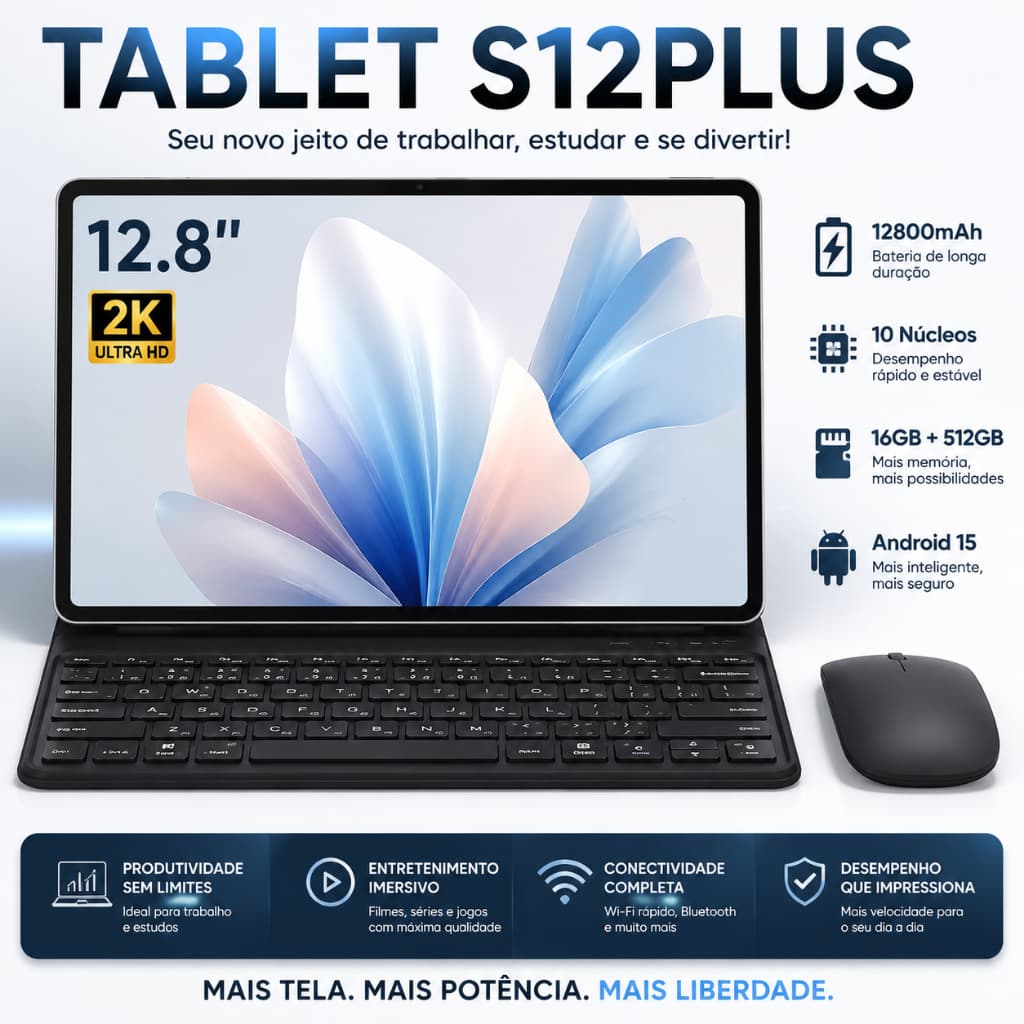 【Teclado e mouse grátis】S12 Plus Tablet 12,8 polegadas HD 16GB + 512GB Android 5G, Wi-Fi, Bluetooth 12800mAh