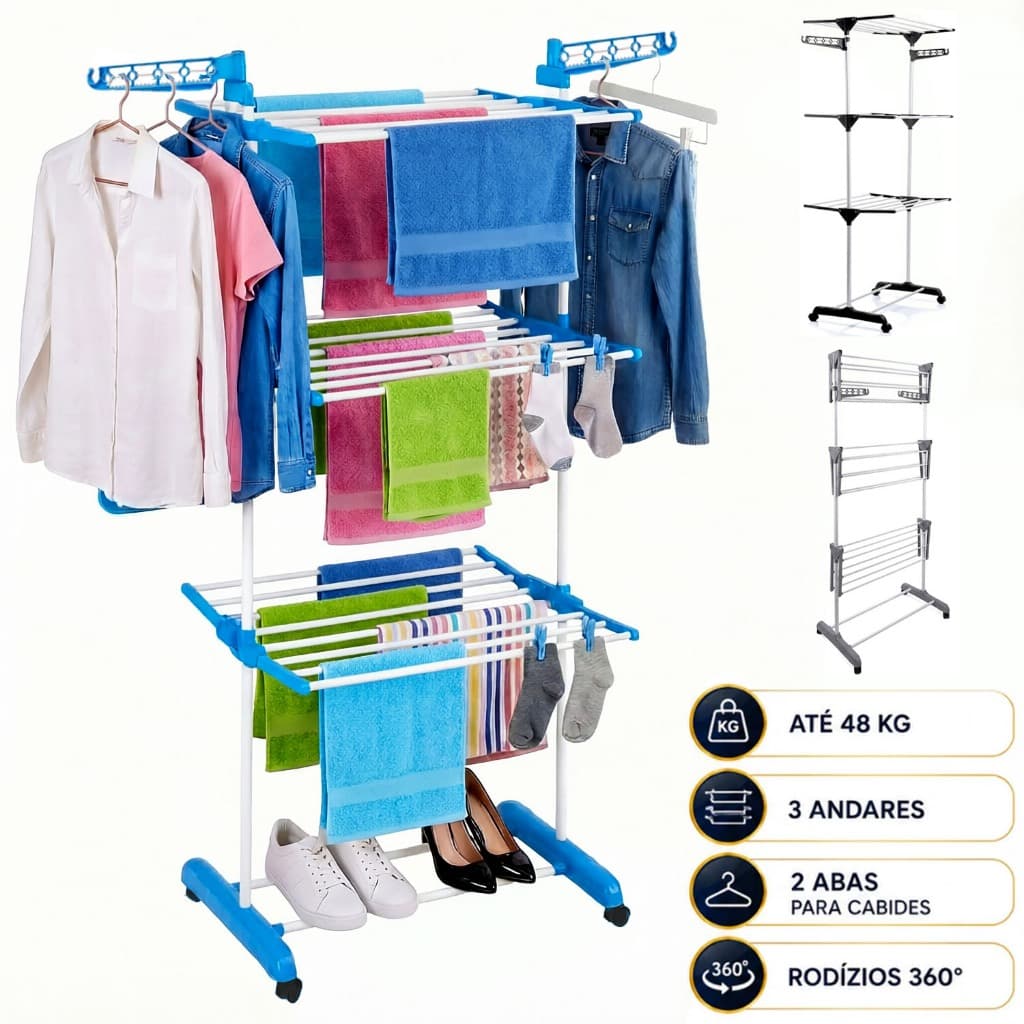 Varal De Chão Grande 3 andares Globalmix Secar Roupas Estendal Dobrável Apartamento Pequeno Cabideiro 170cm