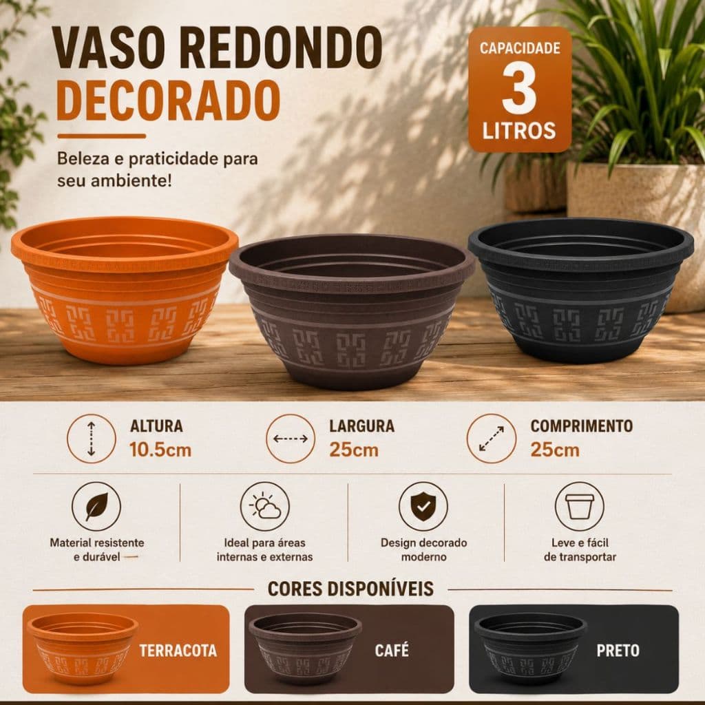 Vaso Reforçado 3 Litros 5 Peças  Plastico Mudas Jardins Plantas