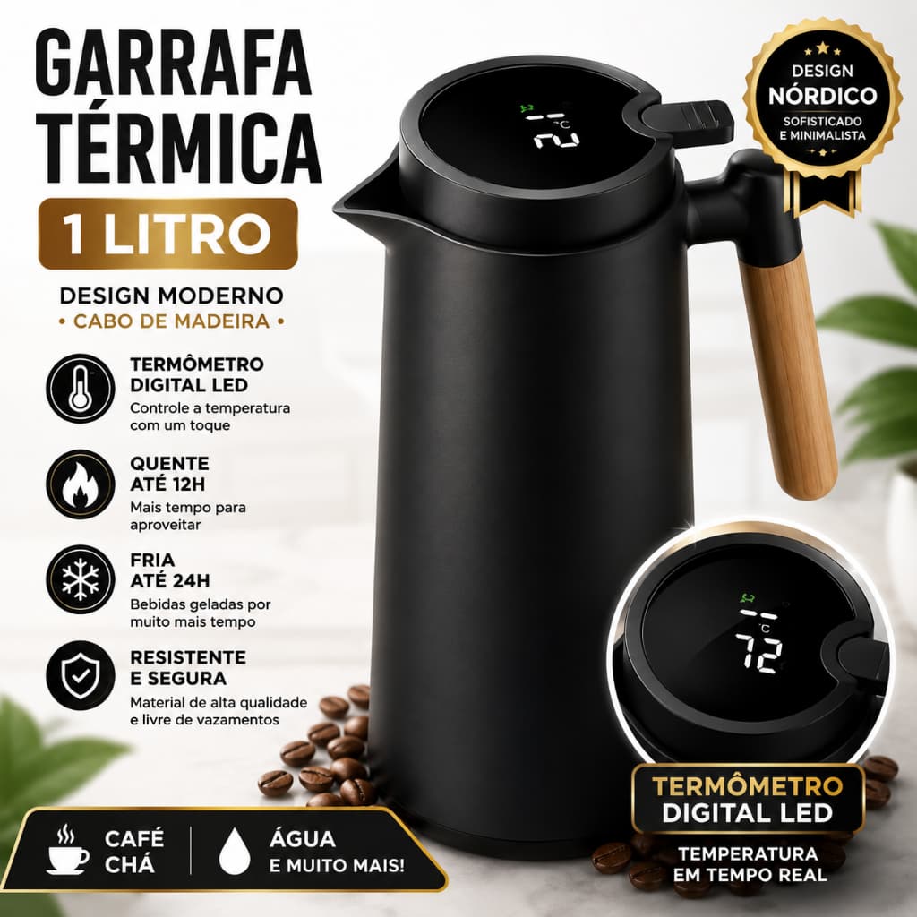 Garrafa Térmica 1L Termômetro Digital LED Café Chá Jarro Nórdico Cabo Madeira Preto