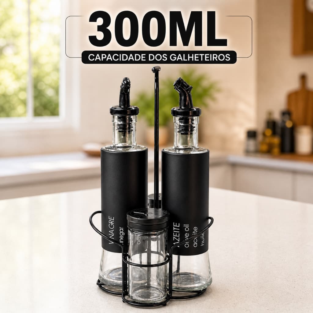 Kit Galheteiro 5 Peças Vidro e Aço Preto Fosco com Suporte - Azeite Vinagre Sal Pimenta Bico Dosador