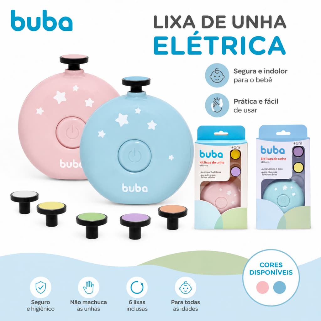 Kit Lixa de Unha Elétrica Buba para Bebês com 6 Lixas