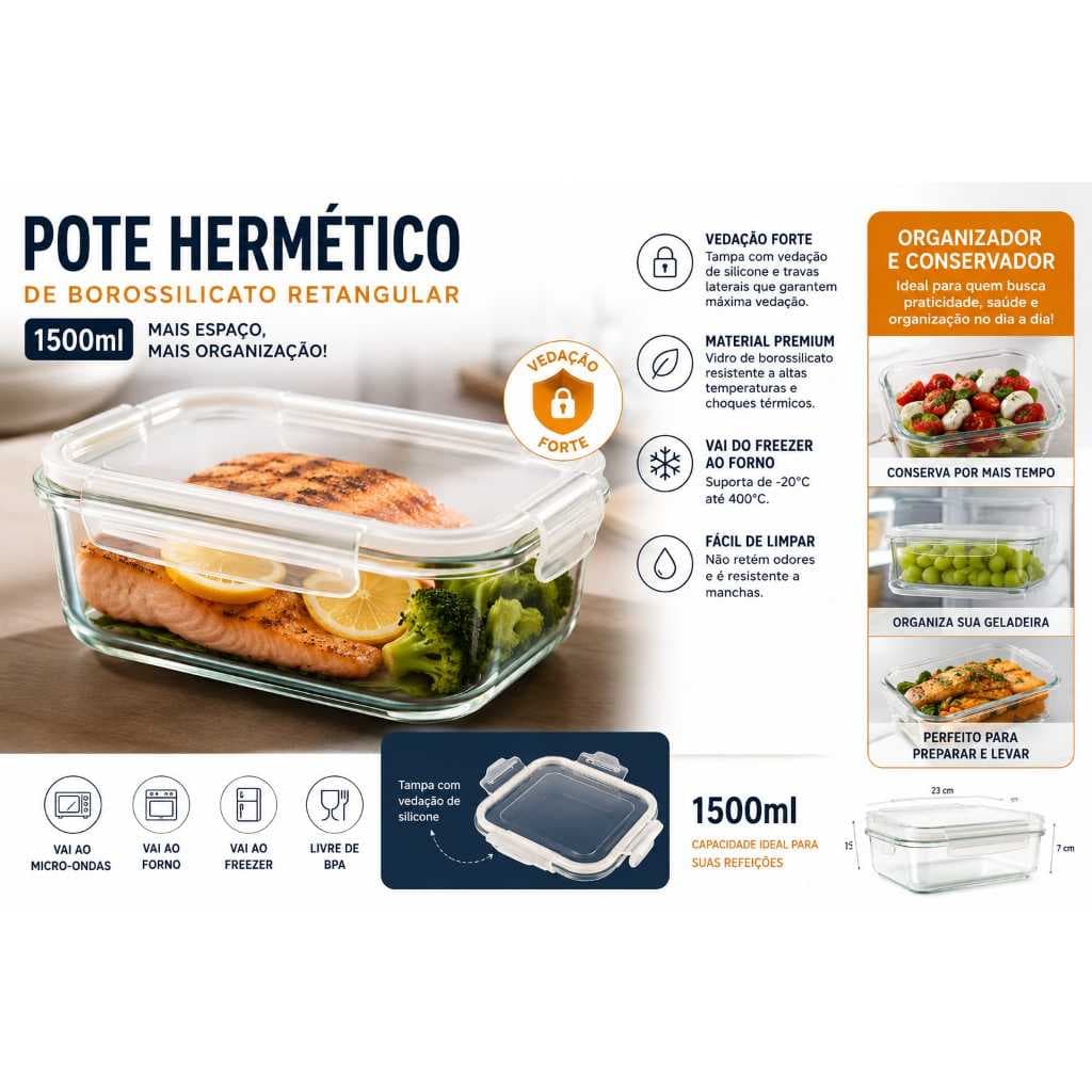 Pote Hermético De Borossilicato Retangular Tampa Vedação Forte 1500ml Organizador Conservador