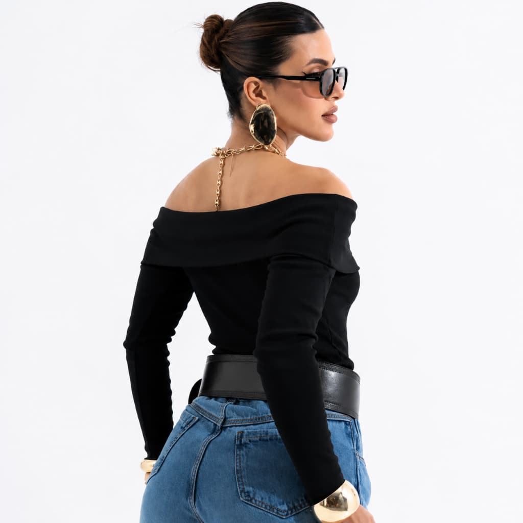 Blusa Feminina Manga Longa Ombro a Ombro Canelada Ribana Casual Elegante Tendência Outono Inverno.