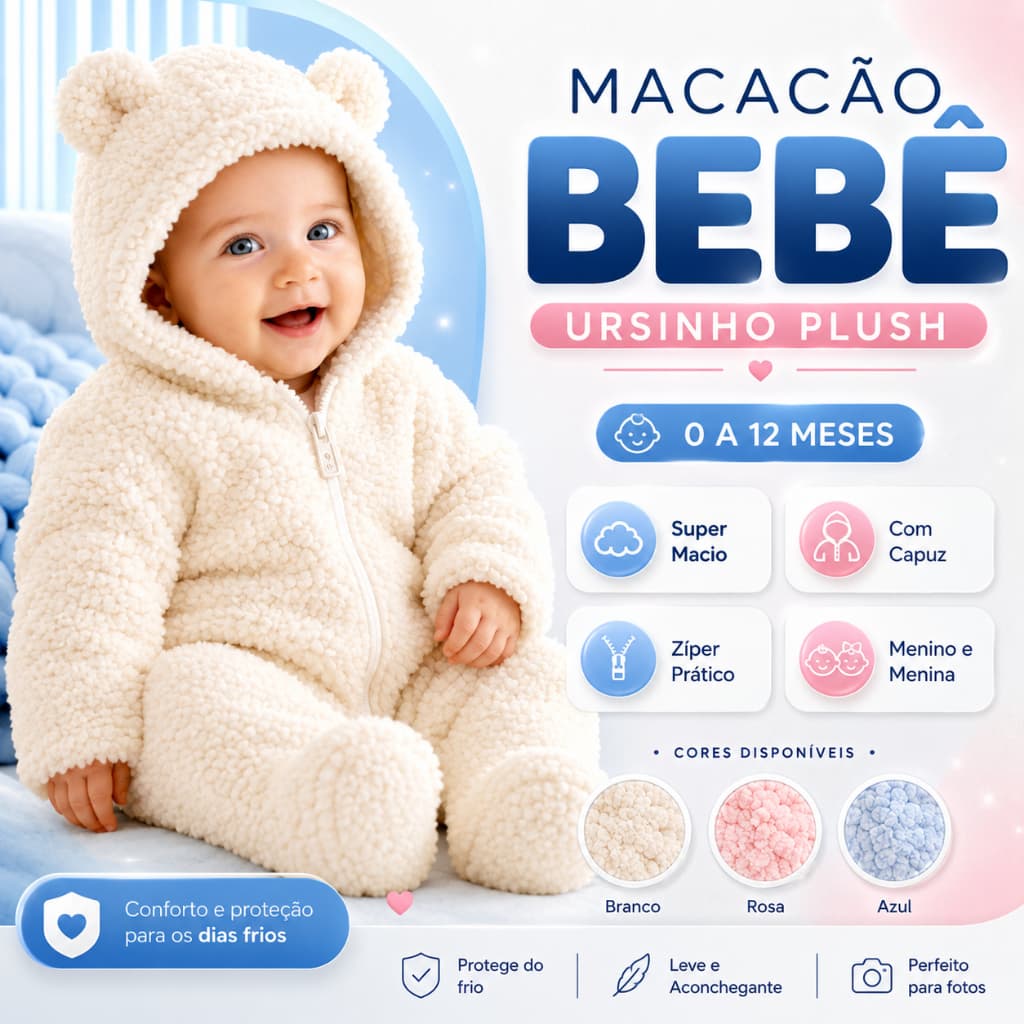 Macacão Bebê Capuz Zíper Frontal Menino Menina Quentinho Soft Aconchegante