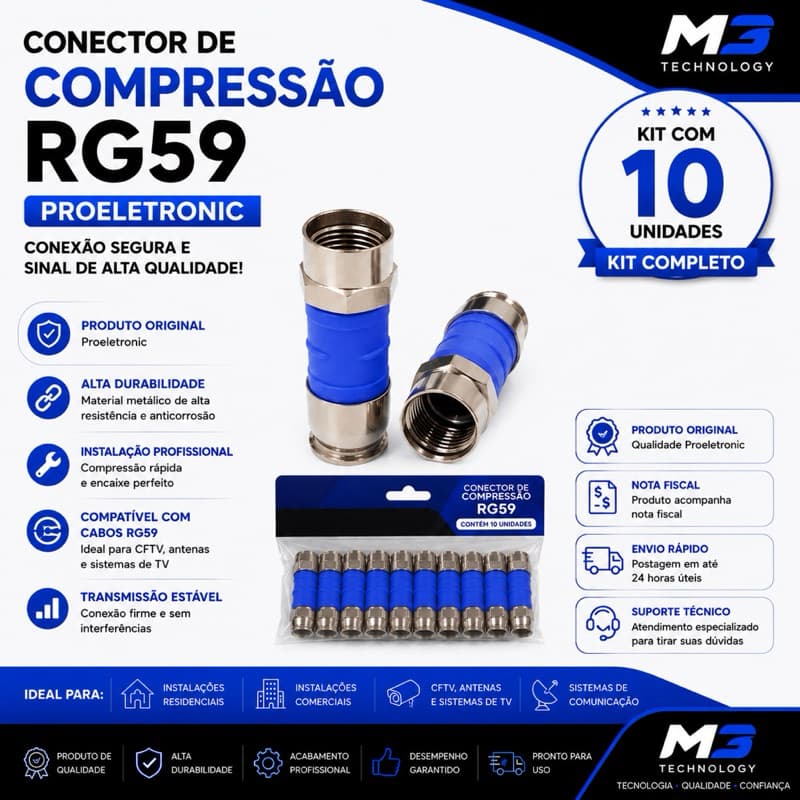 Kit 10 Conectores de Compressão RG59 Proeletronic Original para Cabo Coaxial CFTV Antena TV