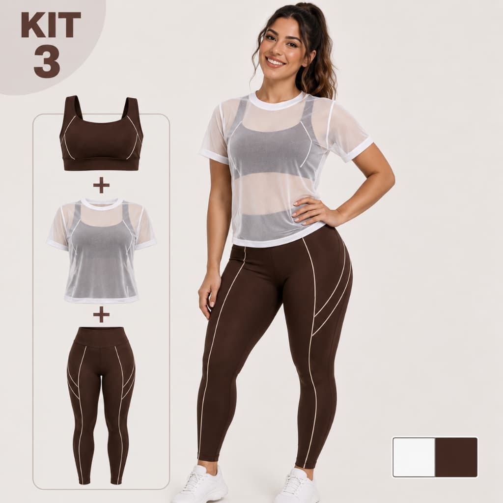 Conjunto Fitness Feminino 3 Peças Calça Legging + Top + Blusa Tule Academia Cintura Alta