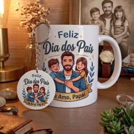 ​Kit Presente Dia Dos Pais Caneca Cerâmica Premium + Chaveiro MDF Personalizado Super Pai Nosso Orgulho Envio Rápido