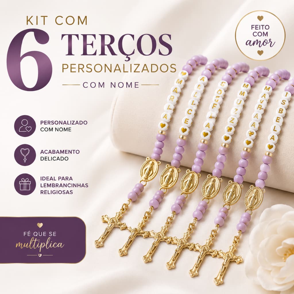 Kit 6 Terços Personalizados com Nome Lembrancinha Batizado Comunhão Crisma