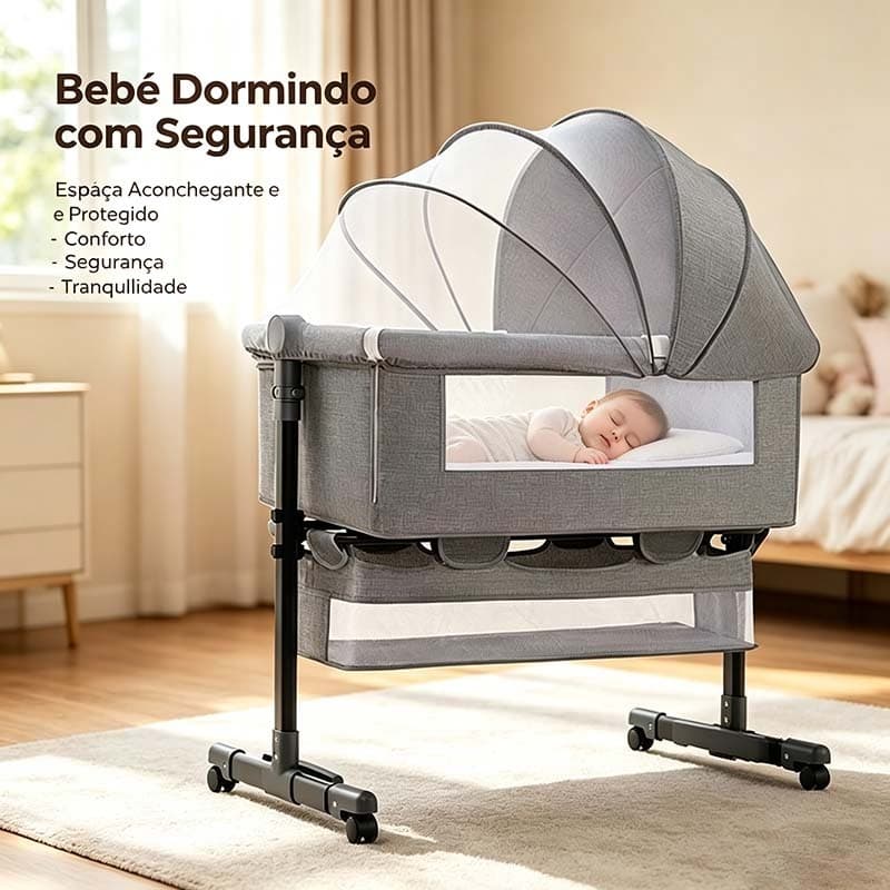 Berço Moisés Portátil Co‑Bed, Altura Ajustável, Balanço Suave com Mosquiteiro e Cesto