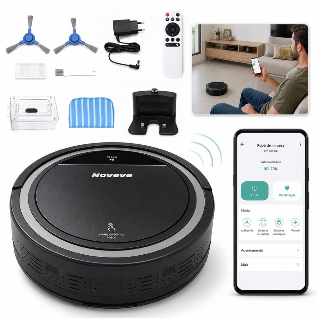 Robô Aspirador Inteligente 3 em 1 Varre Aspira e Passa Pano 2000mAh 2000Pa Controle Remoto