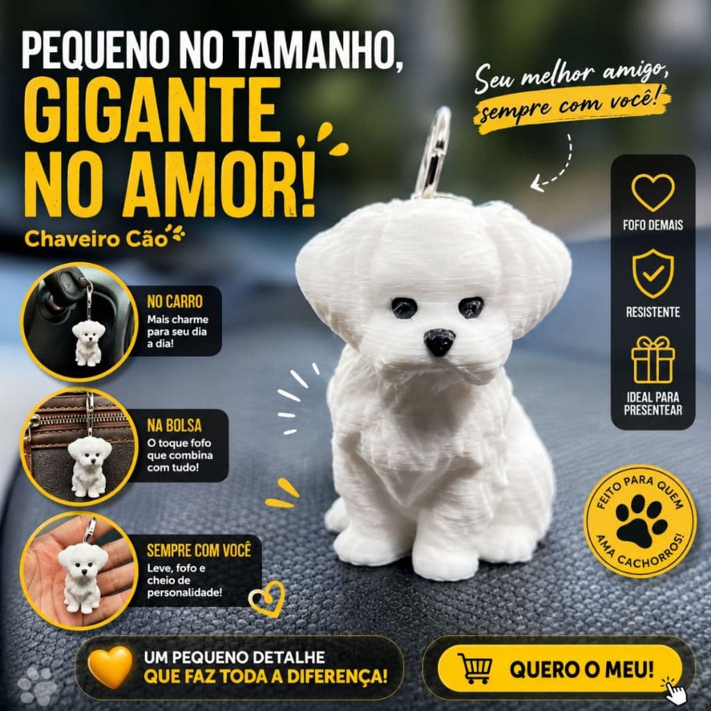Chaveiro Cachorro Fofo 3D Branco Pet Mini Cachorrinho Decoração Bolsa Mochila Carro Presente