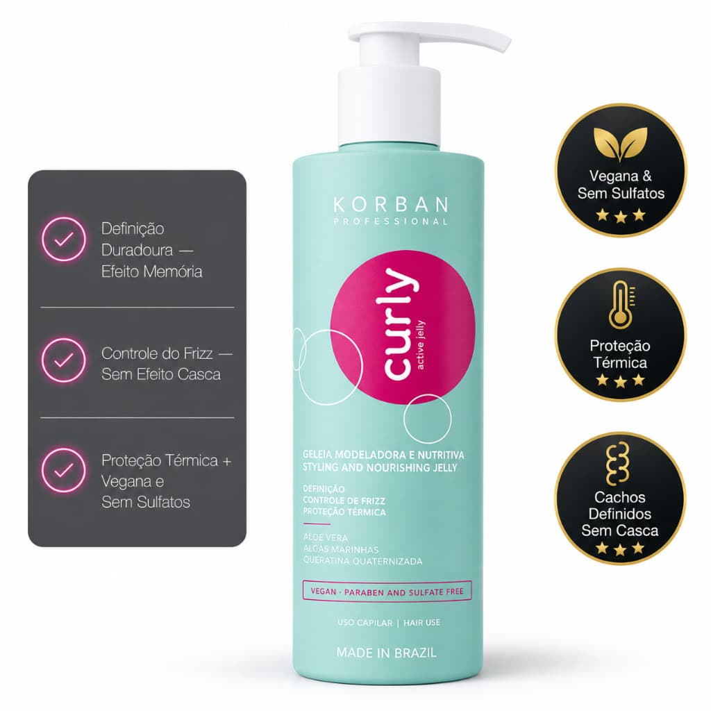 Geleia Modeladora Cachos 250ml Queratina Jaborandi Anti-Frizz Cacheados Ondulados Vegana Korban