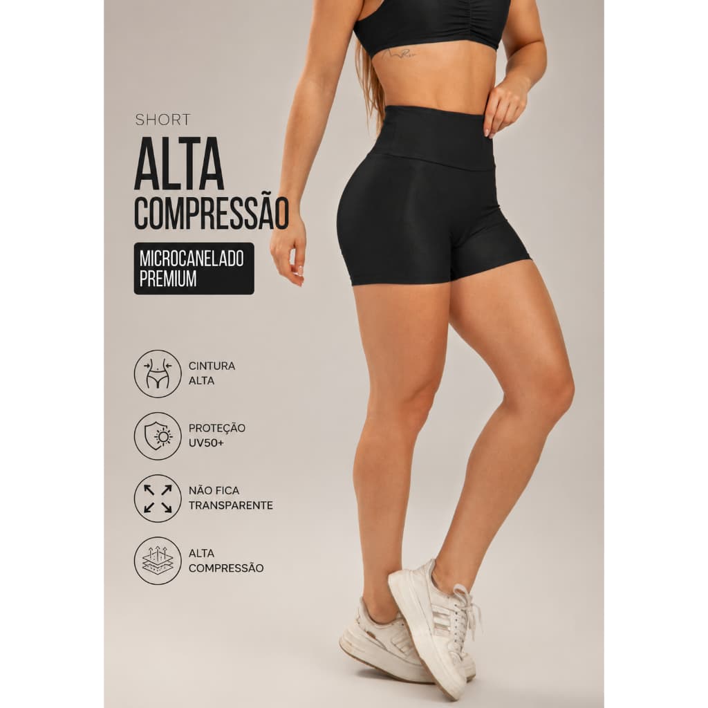 Short Fitness Academia Treino Feminino Microcanelado Premium Cintura Alta Alta Compressão UV50+ Não Transparente